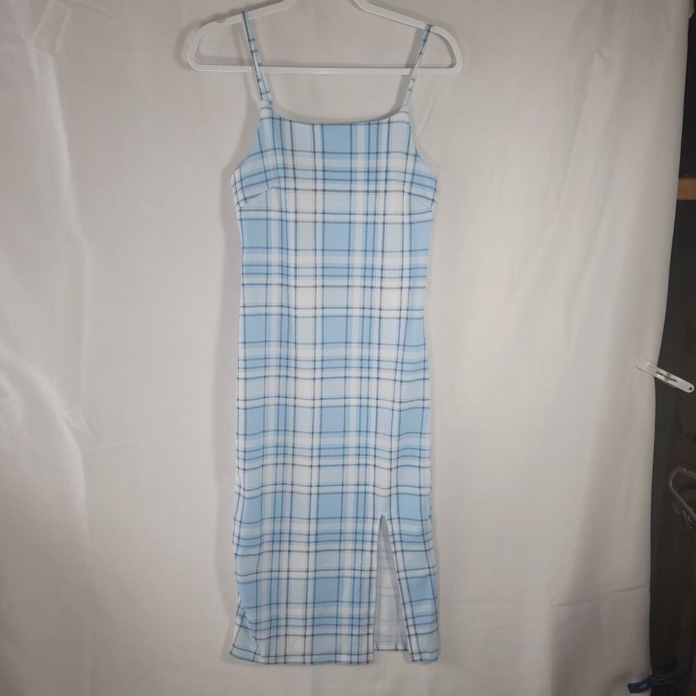 No Boundaries Light Blue Plaid Sleeveless Cami Midi Dress Side Slit M 7-9 Junior
